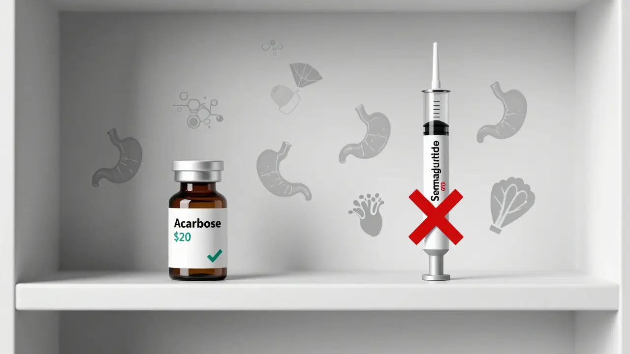 Pharmacy shelf comparing cheap acarbose pill to expensive injectable diabetes drug