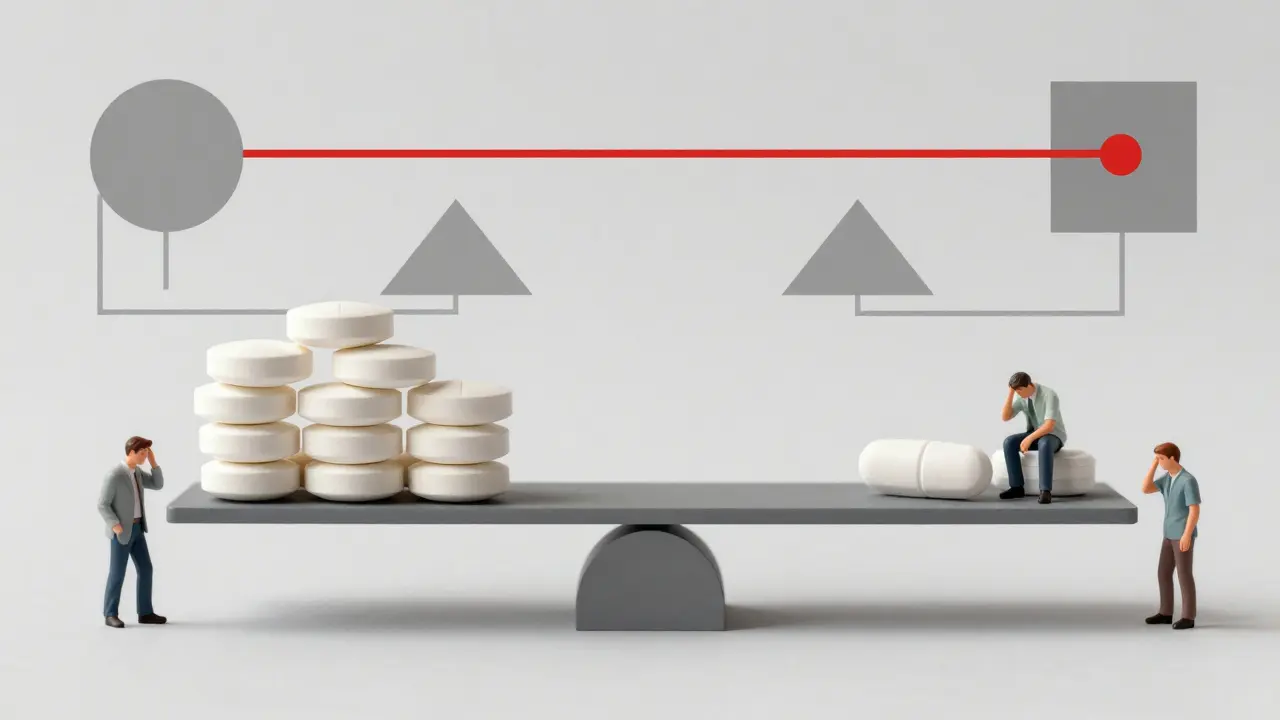 Scale balancing generic and brand thyroid pills, with patient figures and hormone pathway lines in Bauhaus design.