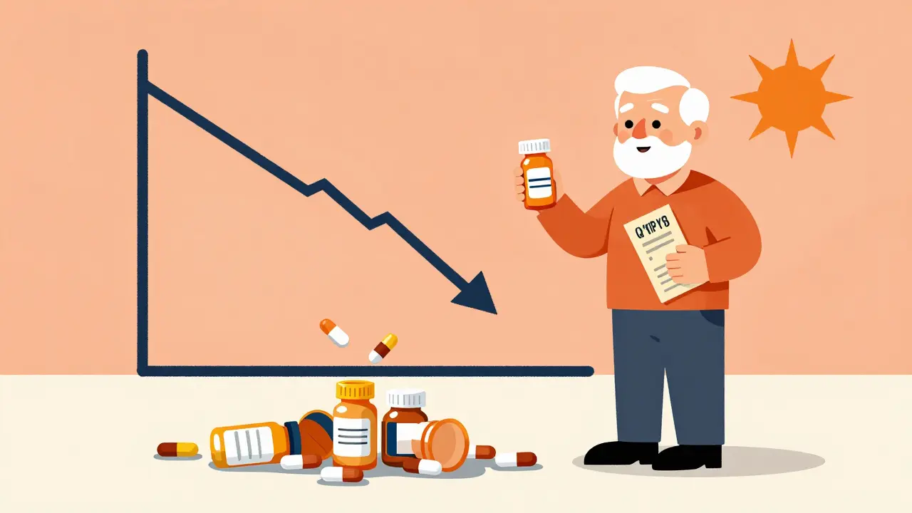 Senior holding one pill and a savings receipt, with discarded medication containers falling away.