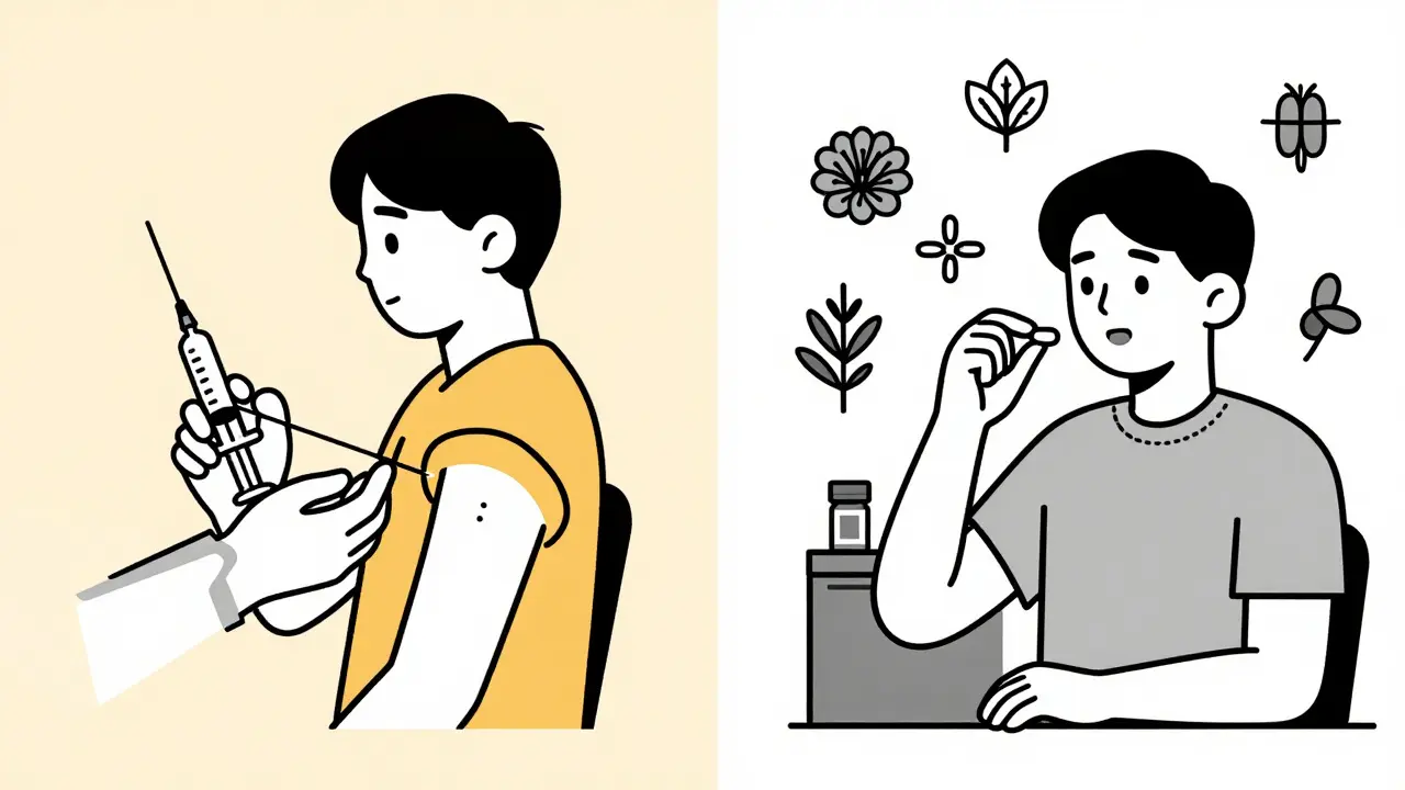 Side-by-side comparison of allergy shot vs. sublingual tablet using Bauhaus-style geometric icons.