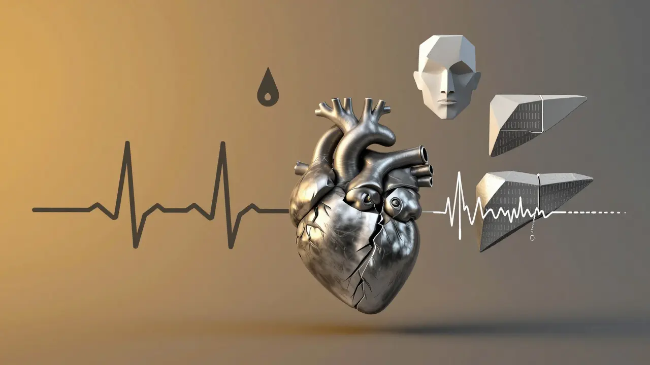 Split figure showing healthy vs. at-risk heart with risk factor shapes in Bauhaus design.