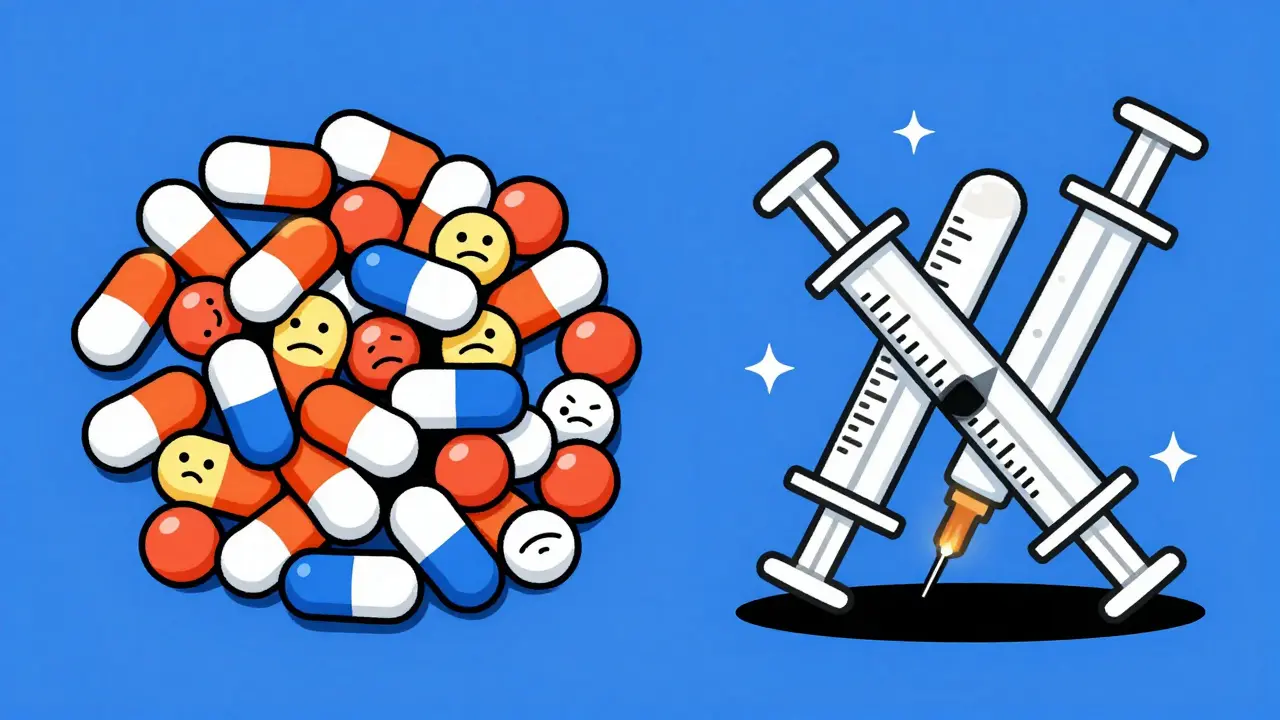 Split scene: chaotic pile of daily pills vs. two sleek syringes with six-month calendars in bold Bauhaus style.