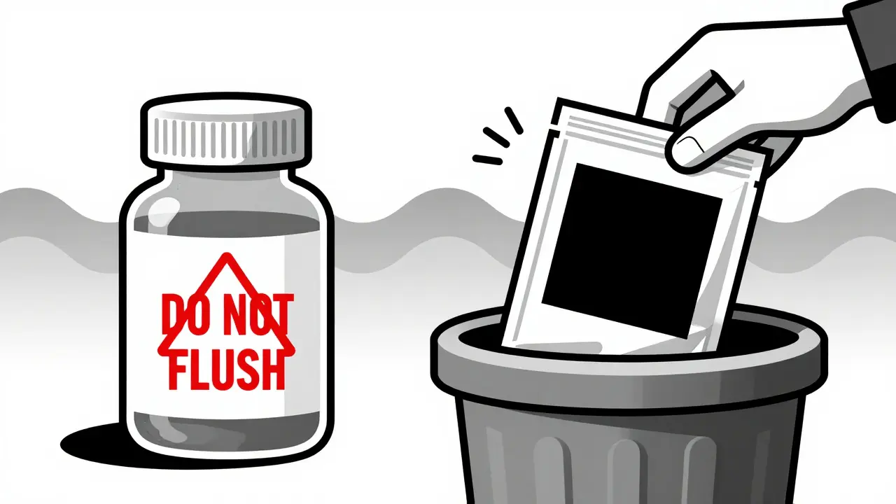 Split scene: flushed bottle with red X vs sealed pouch in trash, symbolizing safe disposal