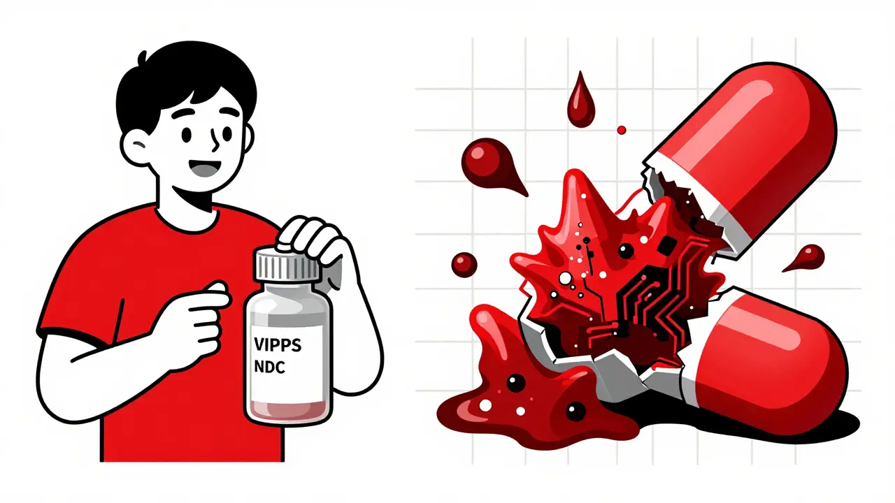 Split scene: safe medicine vs. toxic fake pill with abstract dangerous substances inside.