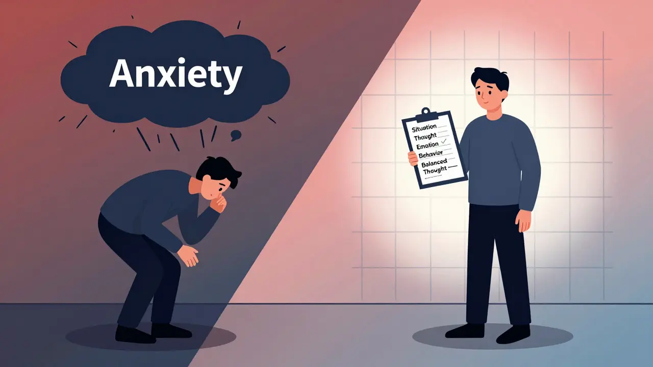 Split scene showing transition from anxiety to cognitive restructuring with clean lines and primary colors.
