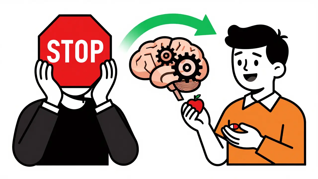 Split scene showing transition from distress to calm with a pill and apple, symbolizing adjustment.