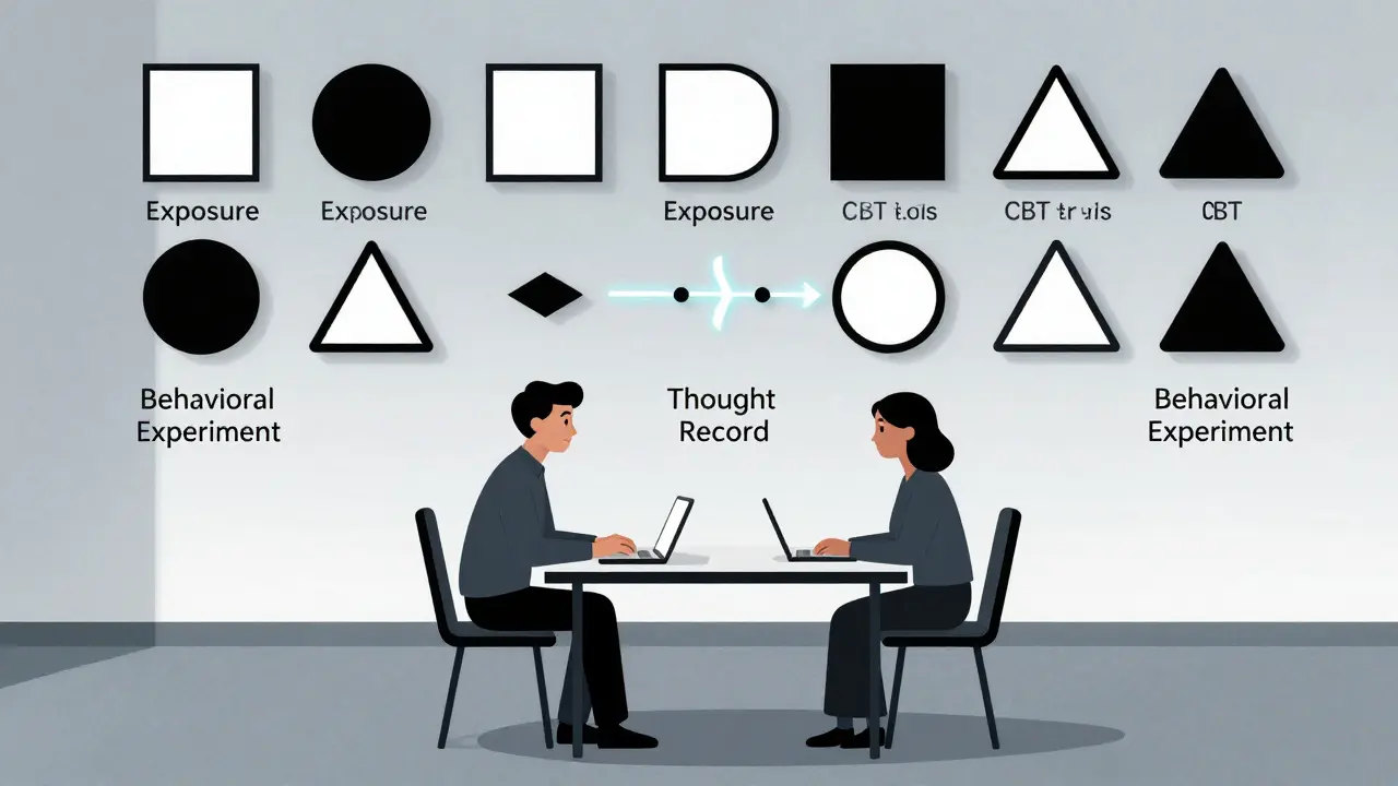 Therapist and client at a minimalist table with floating CBT tools transforming distorted shapes into balanced forms.