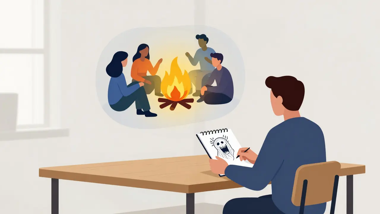 Therapist and patient at a table, with a rewritten safe dream glowing above them in abstract Bauhaus forms.