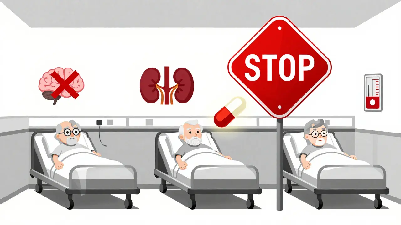 Three elderly patients in hospital beds with warning symbols blocking a dangerous pill.