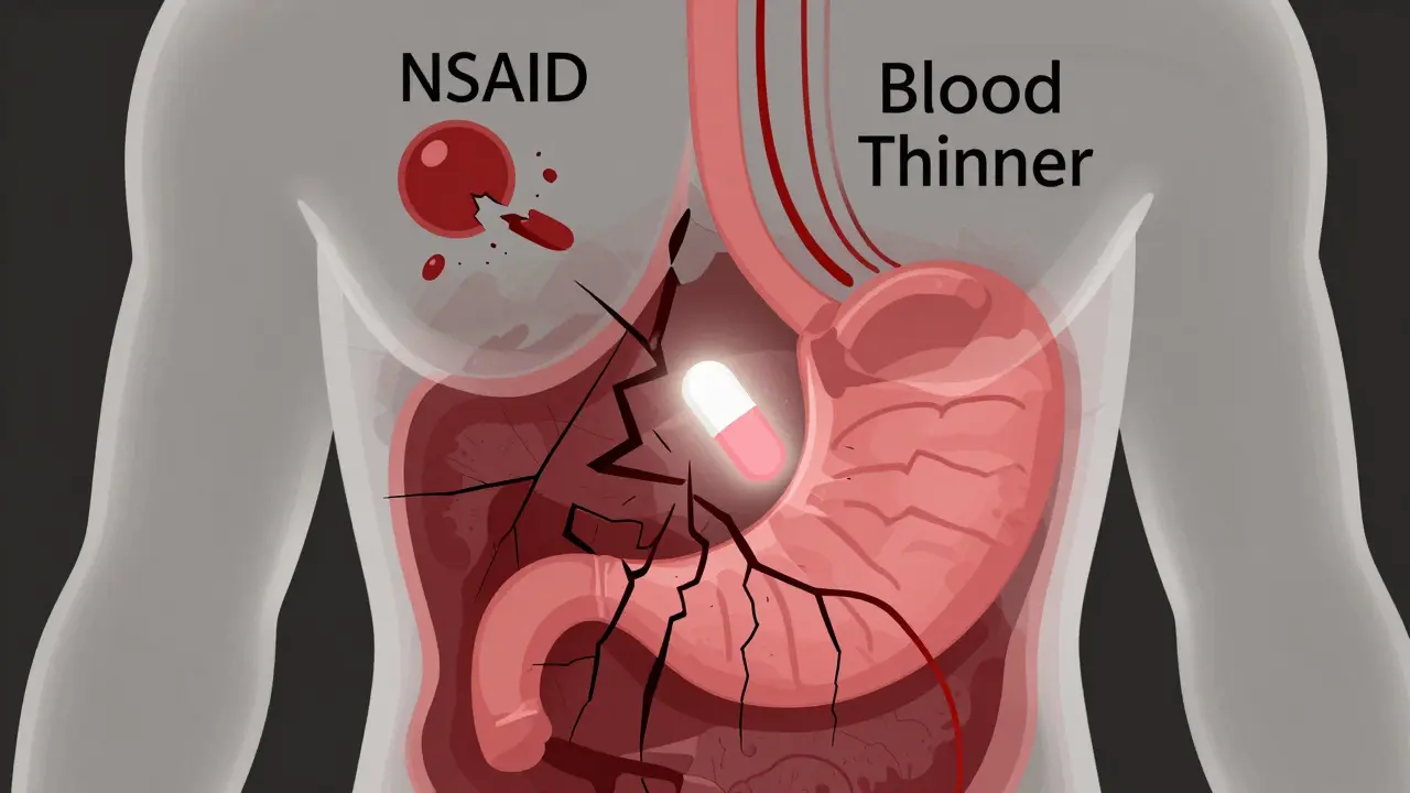Transparent torso showing damaged stomach lining from NSAID and blood thinner interaction, with acetaminophen as a safe center.