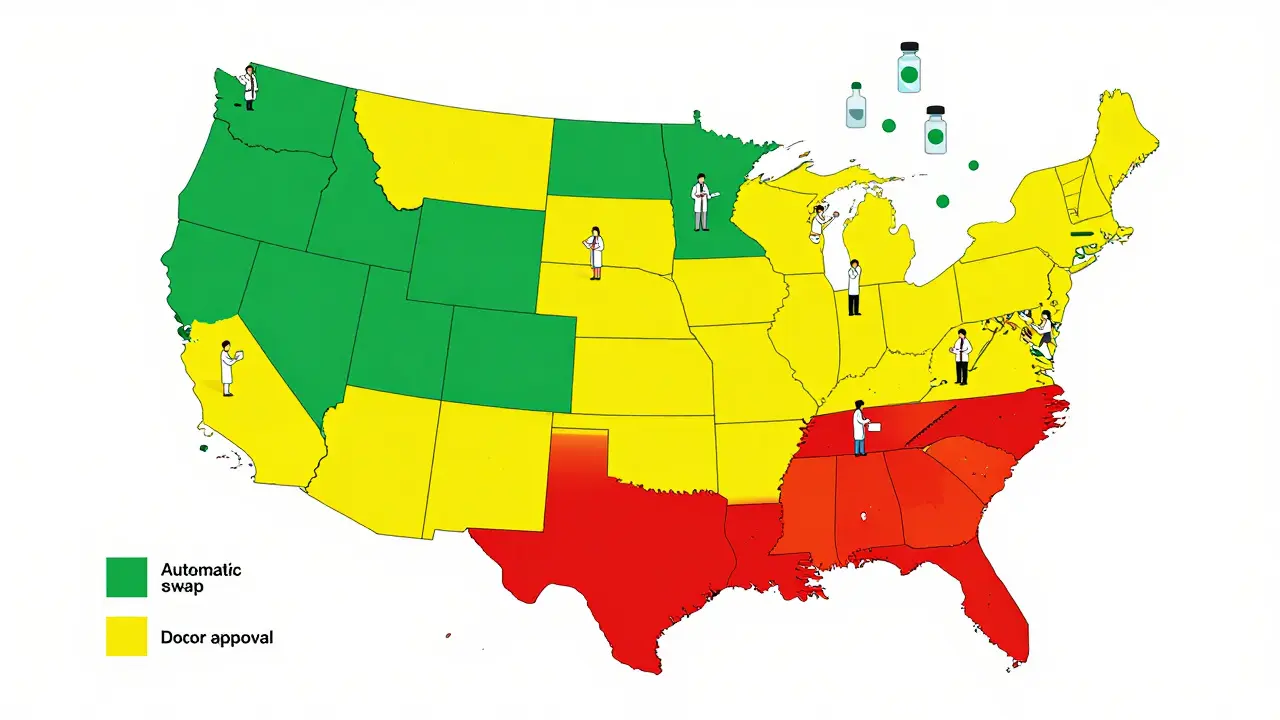 U.S. map showing state-by-state biosimilar substitution laws with geometric icons