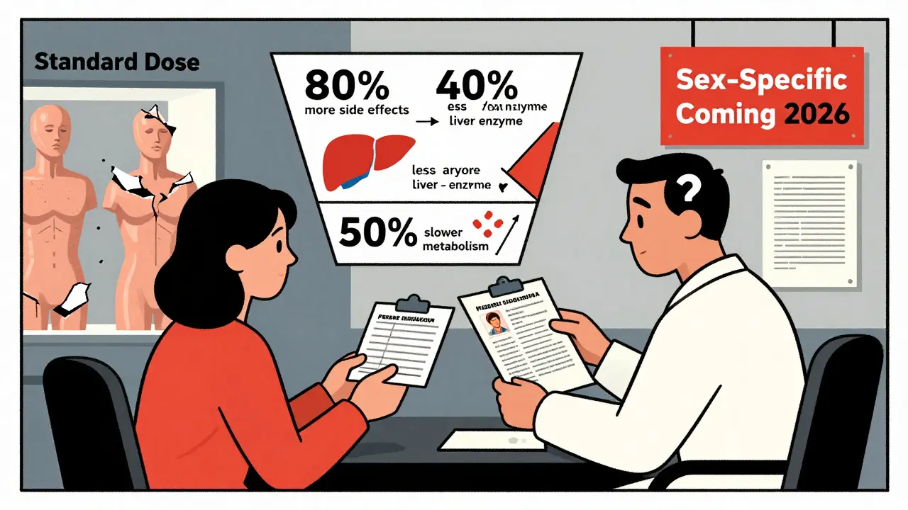 Woman at doctor’s office with floating data panels, while doctor ignores sex-specific drug research.