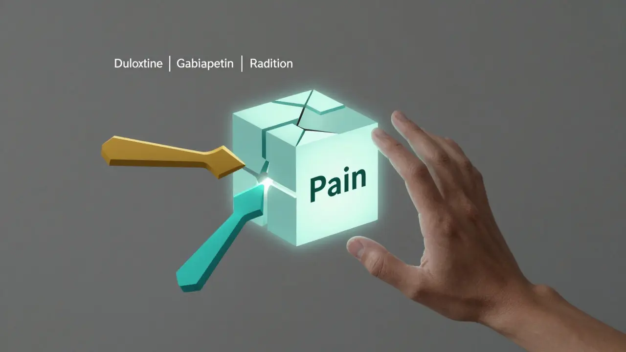 A fractured pain cube being repaired by geometric tools representing medical and holistic therapies.
