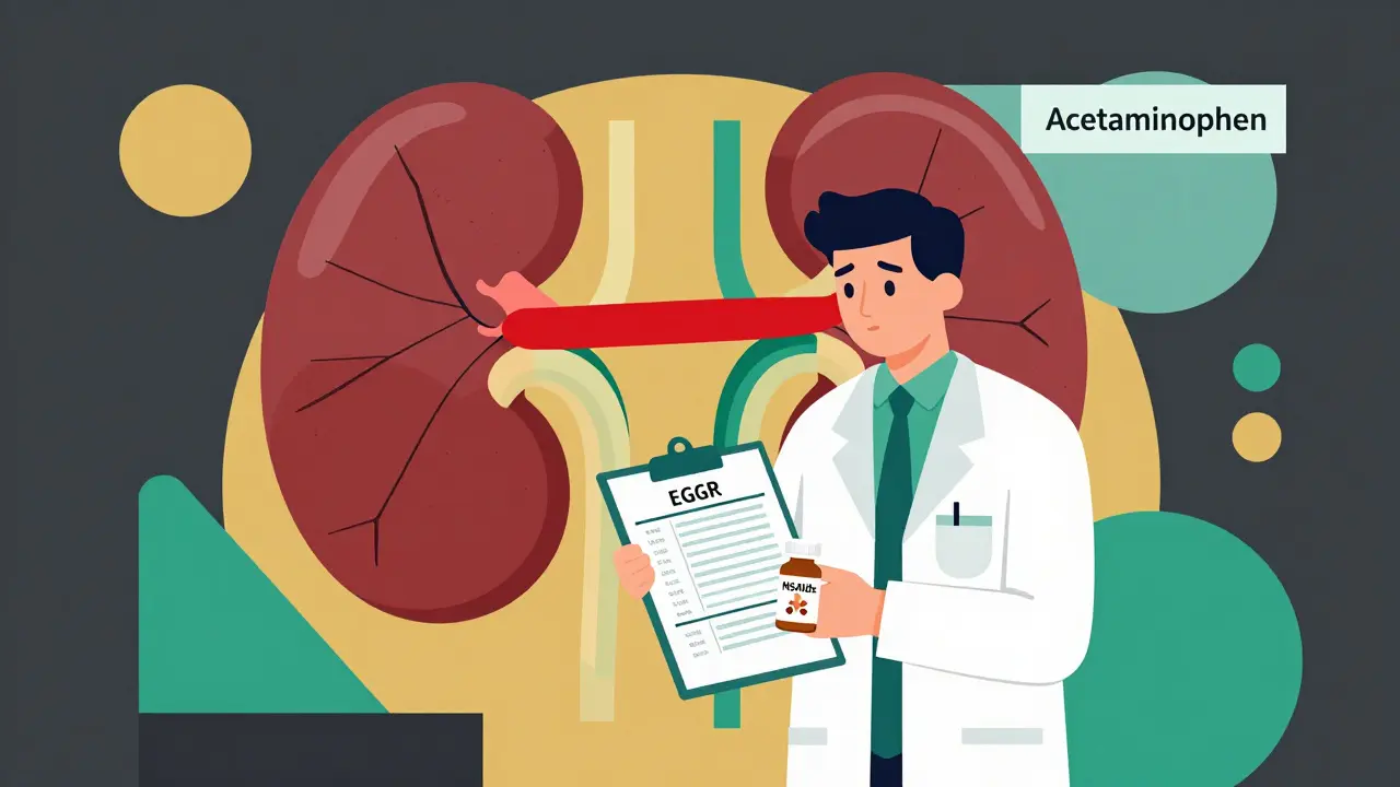 A pharmacist and patient with a kidney diagram blocked by NSAIDs, contrasted by a safe acetaminophen pathway.