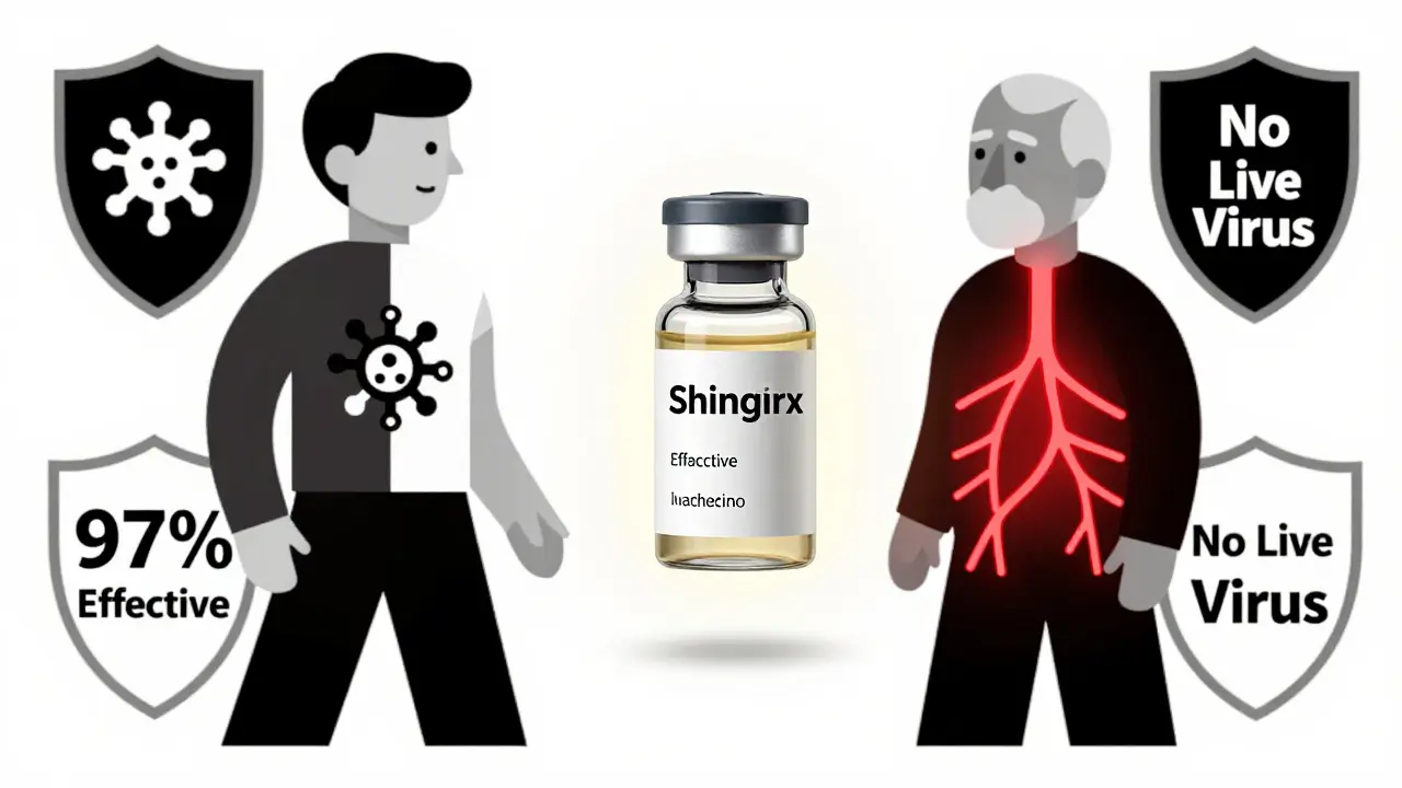 A Shingrix vaccine vial between a young and elderly person with immune and nerve symbols.