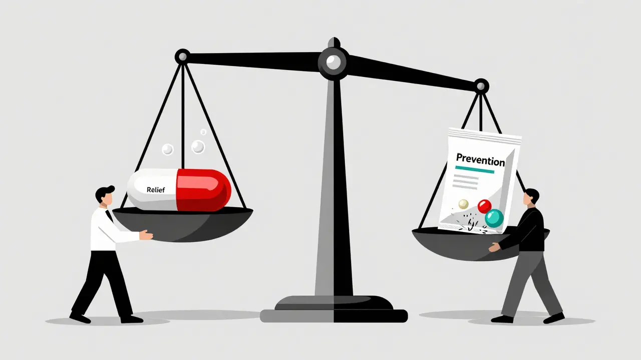 Balanced scale symbolizing gas prevention with enzymes versus relief with simethicone.