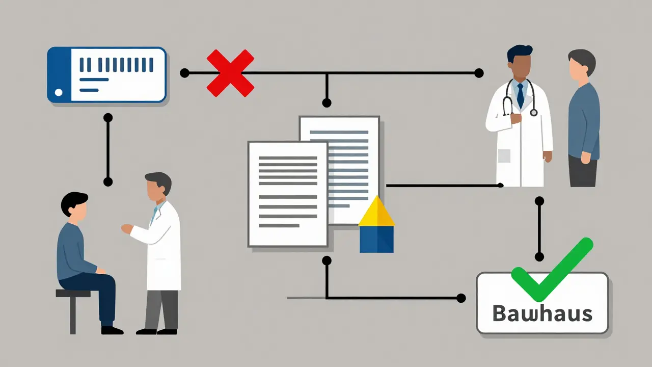 Flowchart showing denial, appeal with documents, and approval leading to lower medication tier.