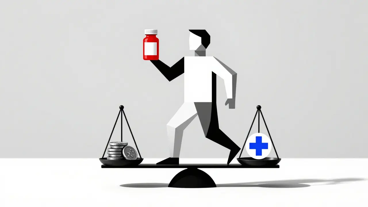 Geometric figure holding pill bottle with scale balancing coins and medical symbol