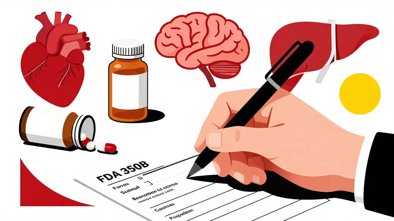 Hand filling out FDA 3500B form with medical symbols in geometric Bauhaus style.