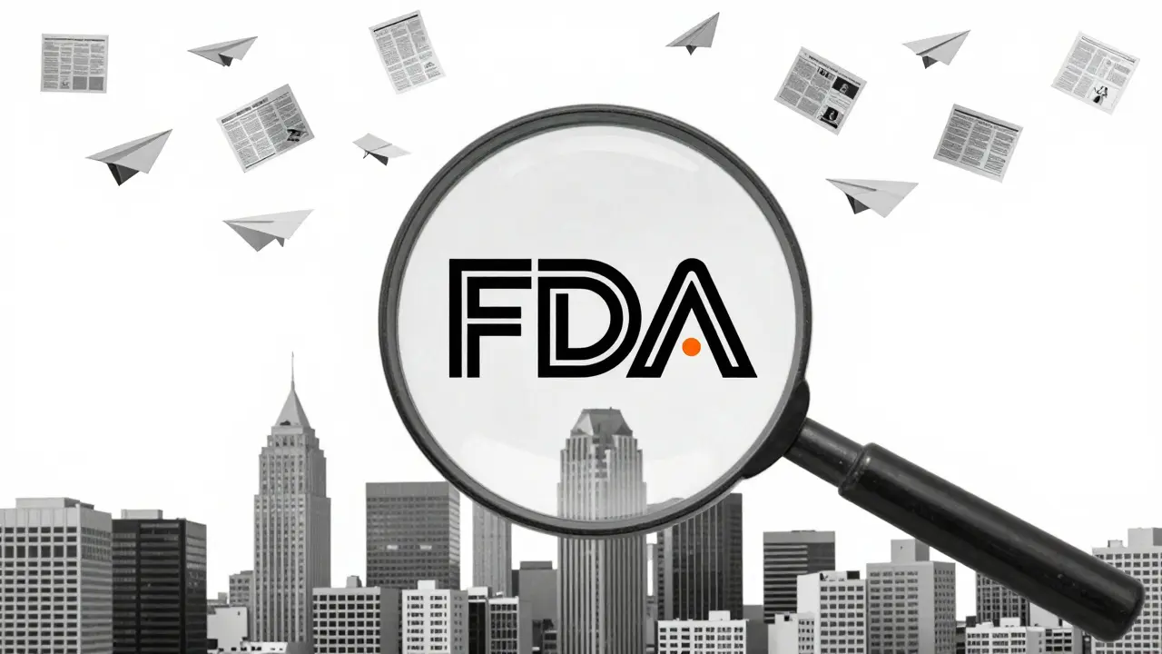 Magnifying glass collecting reports from a city into an FDA logo, representing data vigilance.