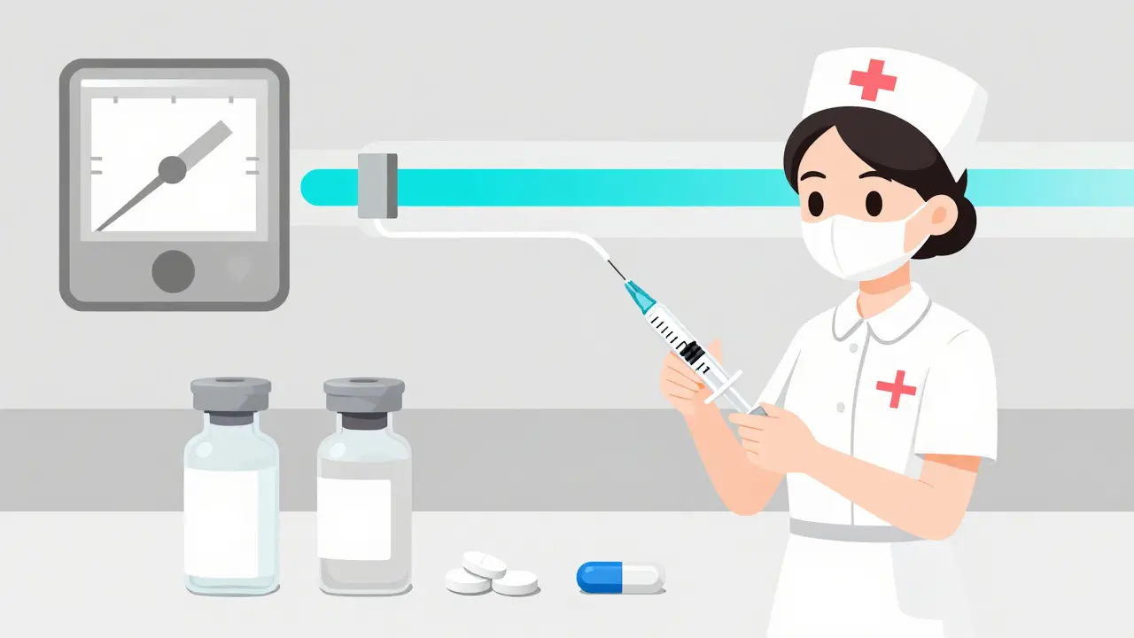 Nurse flushing a feeding tube with syringe, medication vials arranged geometrically