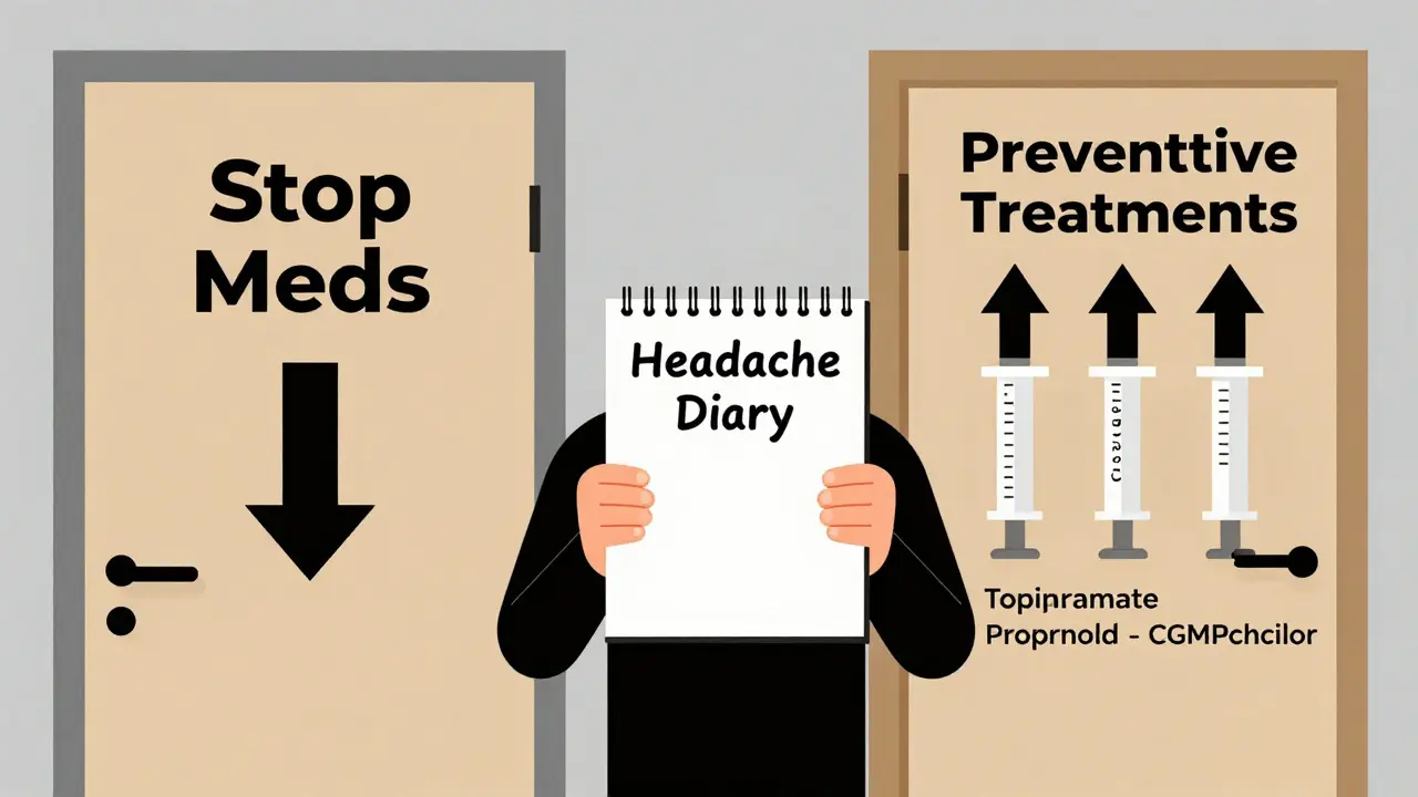 Person choosing between stopping meds and starting preventive treatments with symbolic doors and icons.
