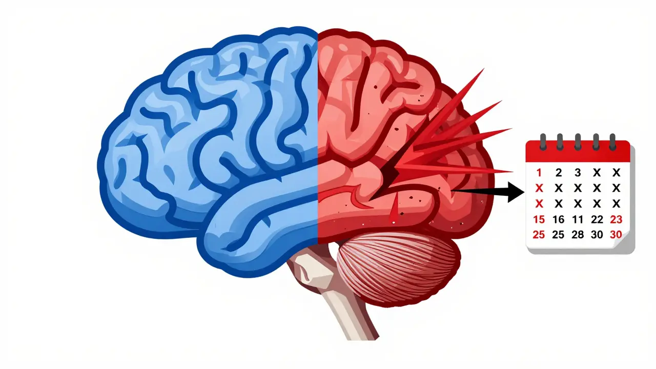 Split brain diagram showing normal vs chaotic neural activity from overused painkillers.