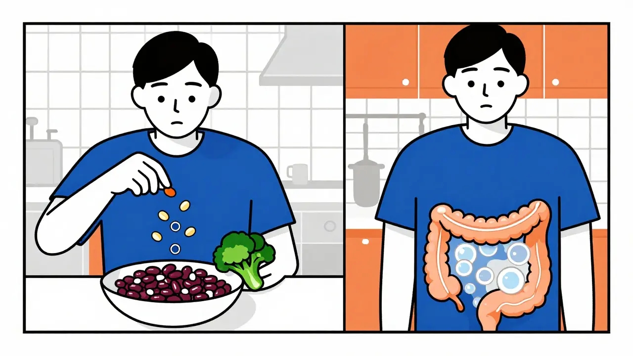 Split scene: enzyme tablets taken before a meal and simethicone relieving bloating afterward.