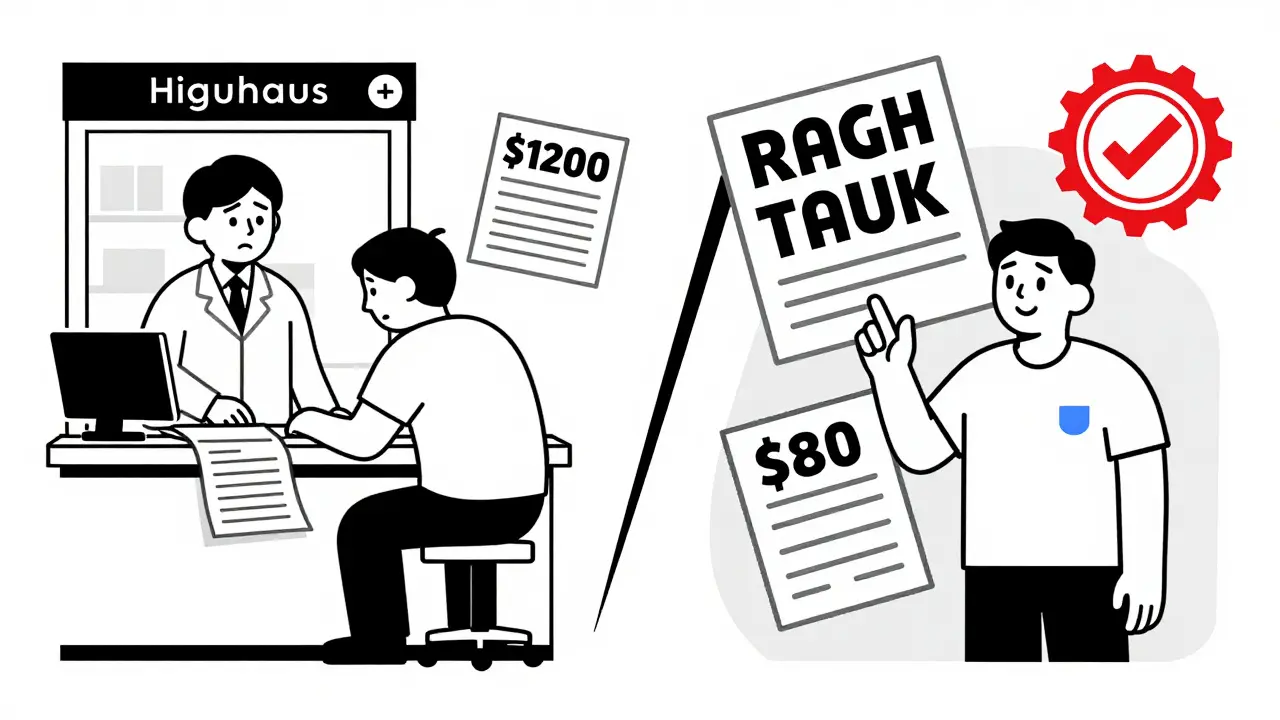 Stressed patient at pharmacy with high copay vs. same patient smiling with lowered copay and approval stamp.