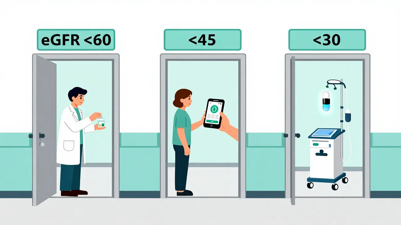 Three doors labeled by eGFR levels, each revealing different kidney safety actions in minimalist Bauhaus design.