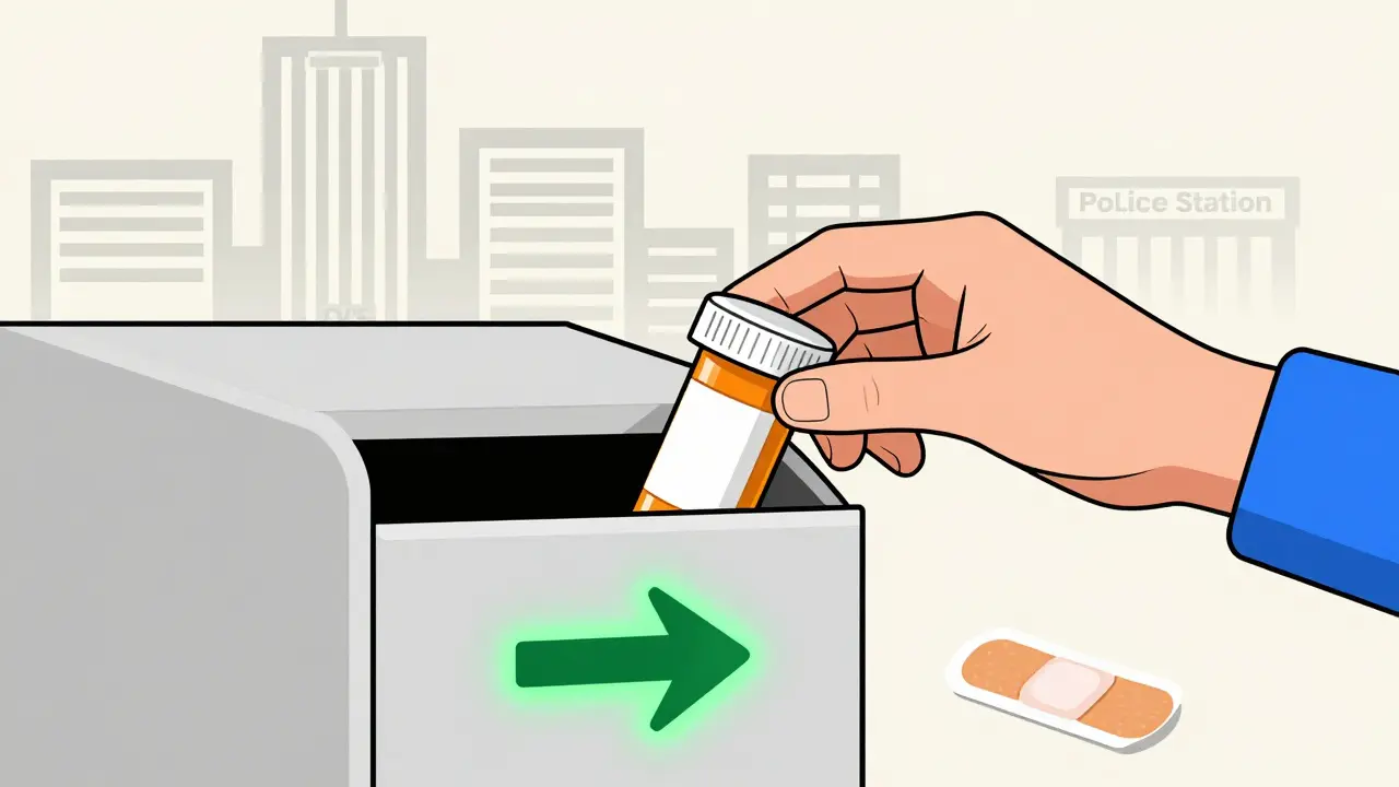 A person depositing prescription bottles into a pharmacy take-back bin.