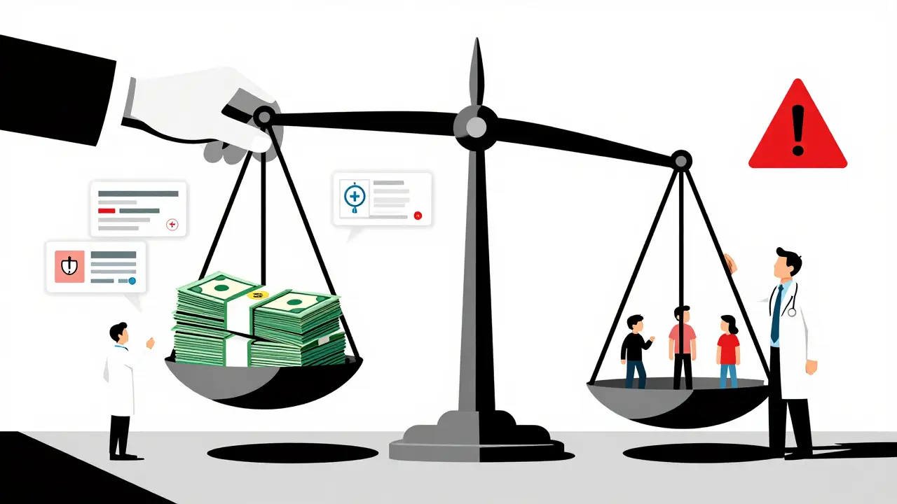 A scale tipped toward money, with patient icons on the other side — a hesitant doctor stands between cost and clinical care in abstract Bauhaus design.