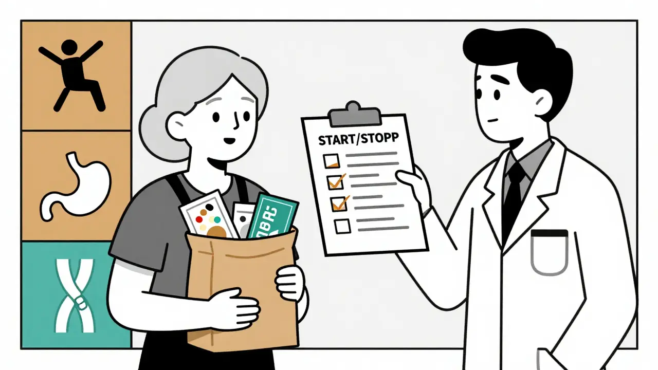 A woman presenting her medications in a brown bag to a doctor, with risk icons displayed in clean Bauhaus design.