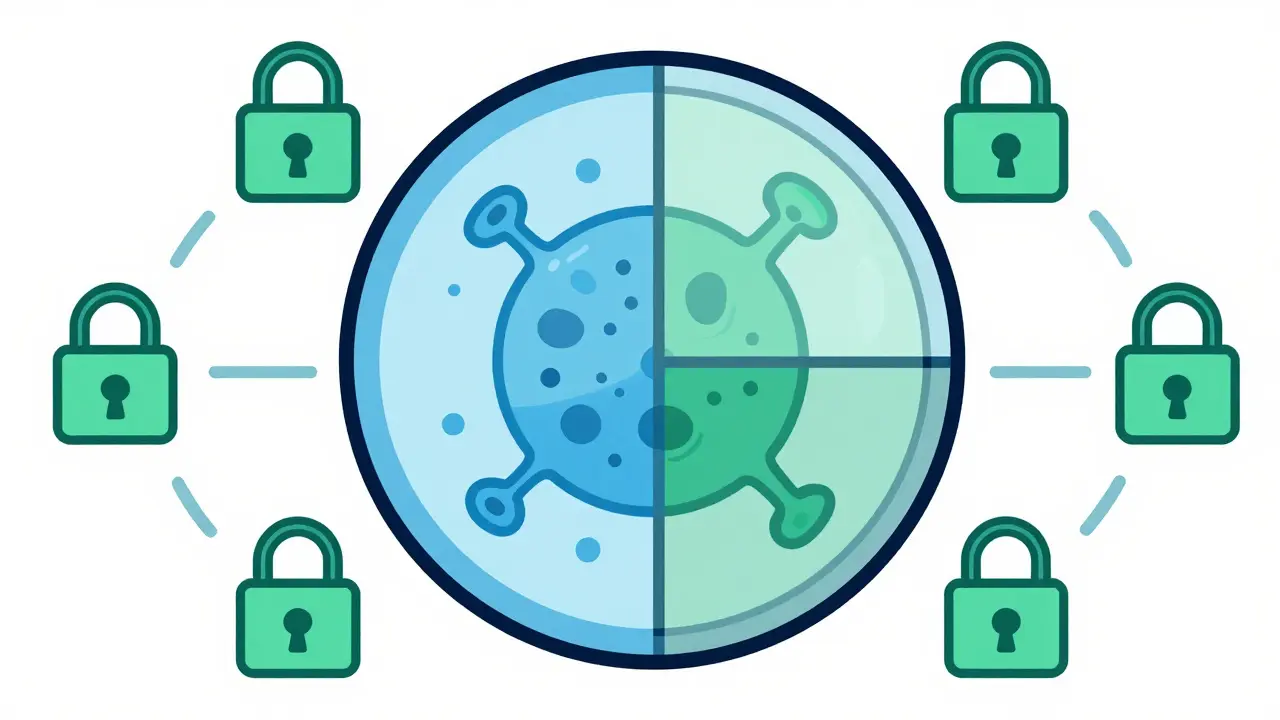 Abstract blue shield protecting a cell in Bauhaus artistic style.