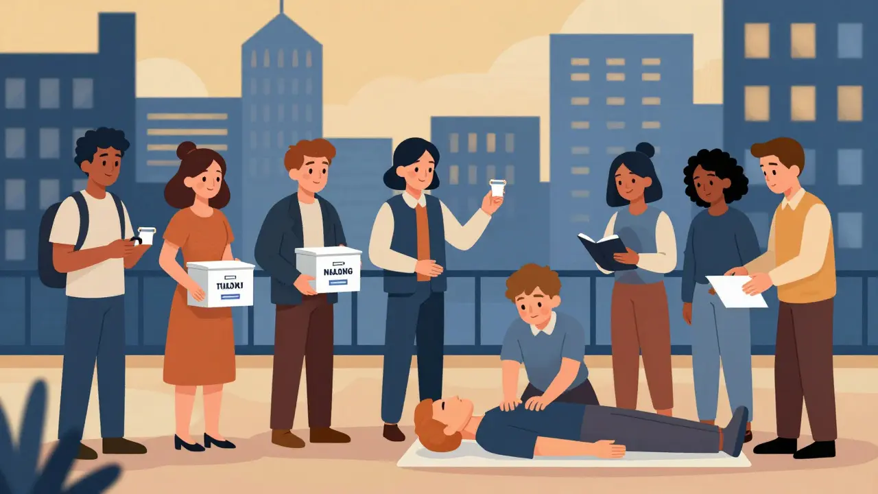 Diverse bystanders distributing naloxone kits and practicing recovery position in a stylized urban environment.