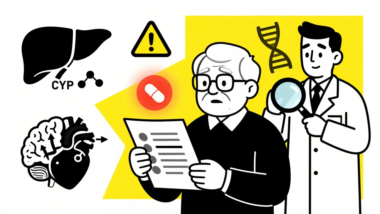 Elderly person with medication list surrounded by icons of liver, brain, heart, and pharmacist, in sharp Bauhaus geometric design.