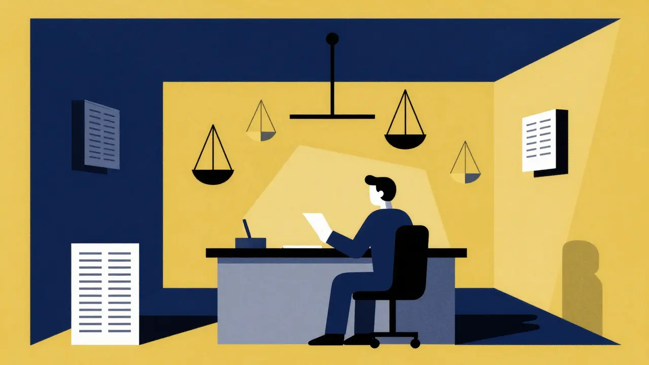 Geometric illustration of official reviewing documents with scales of justice.