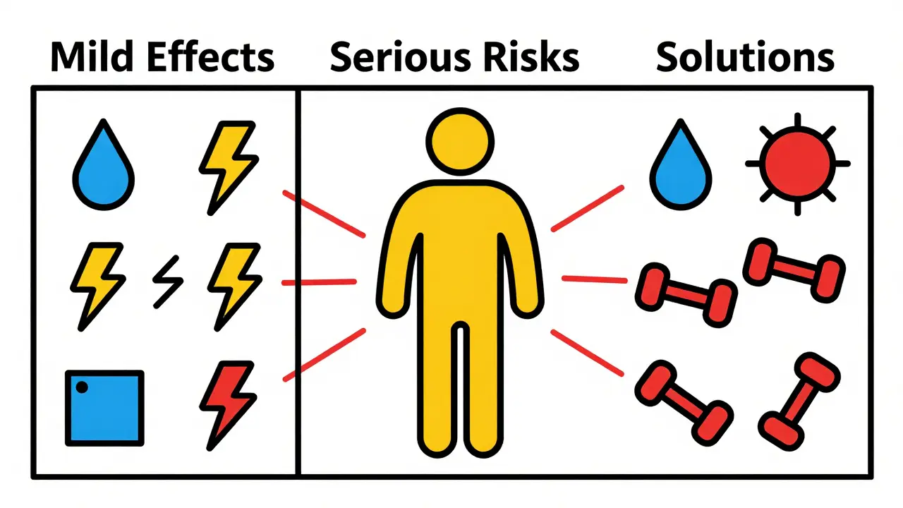 Medical chart with abstract icons for SSRI effects and solutions in Bauhaus style.