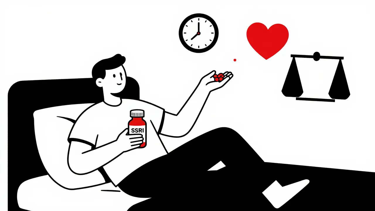 Person with SSRI pill and floating symbols of side effects in geometric Bauhaus design.