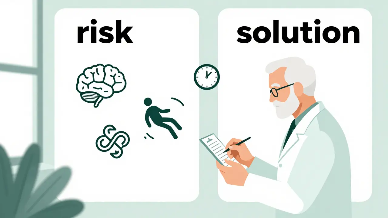 Pharmacist reviewing meds with senior, abstract icons showing risk and CBT solution