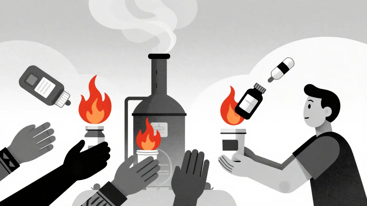 Pill bottles being incinerated with abstract smoke, while hands hand them over.