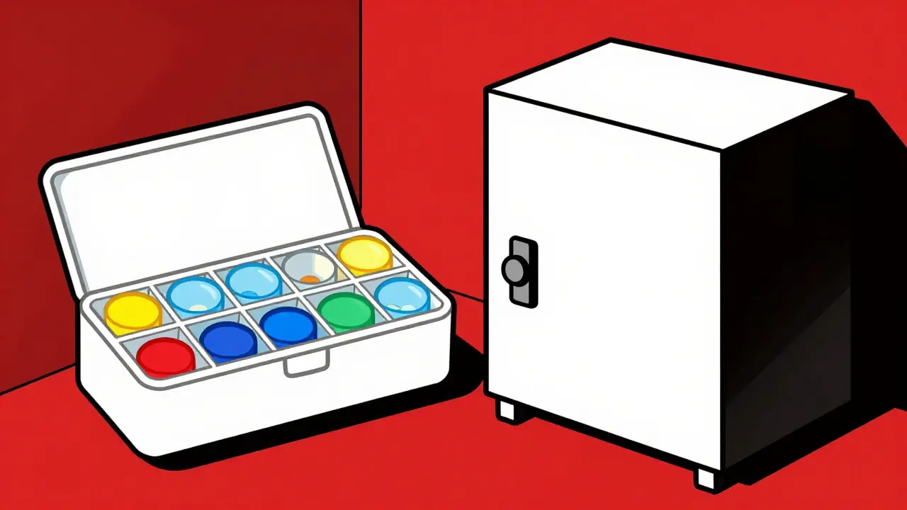 Pill organizer and medicine stored safely in a home cabinet