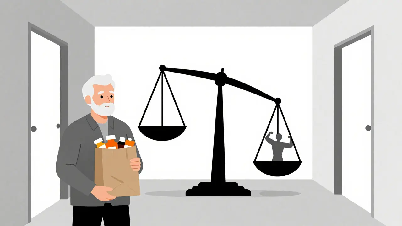 Senior holding brown bag of pills as balance scale tips toward medication side