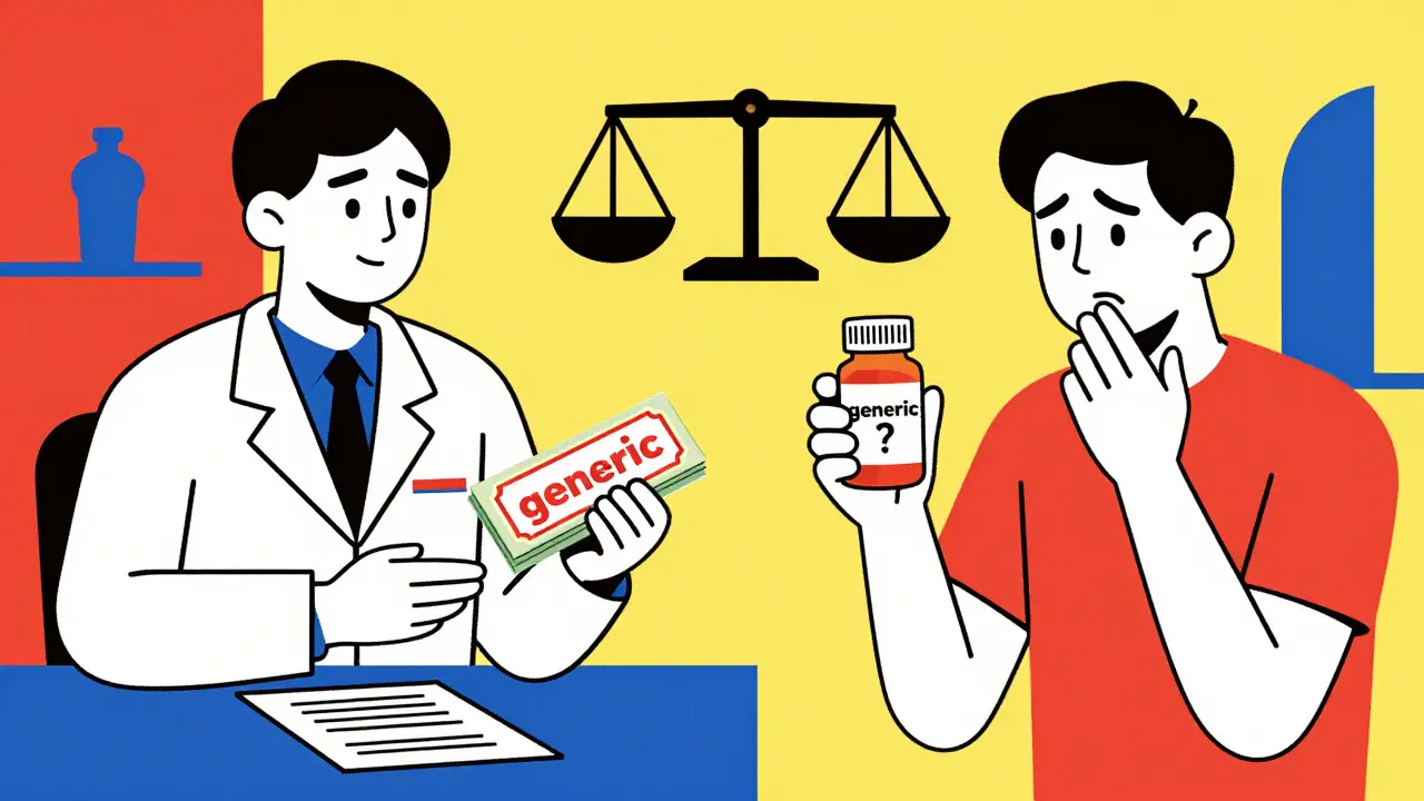 Split scene: physician gets rewarded for prescribing generics, while a patient questions the switch, all in bold Bauhaus lines and primary colors.