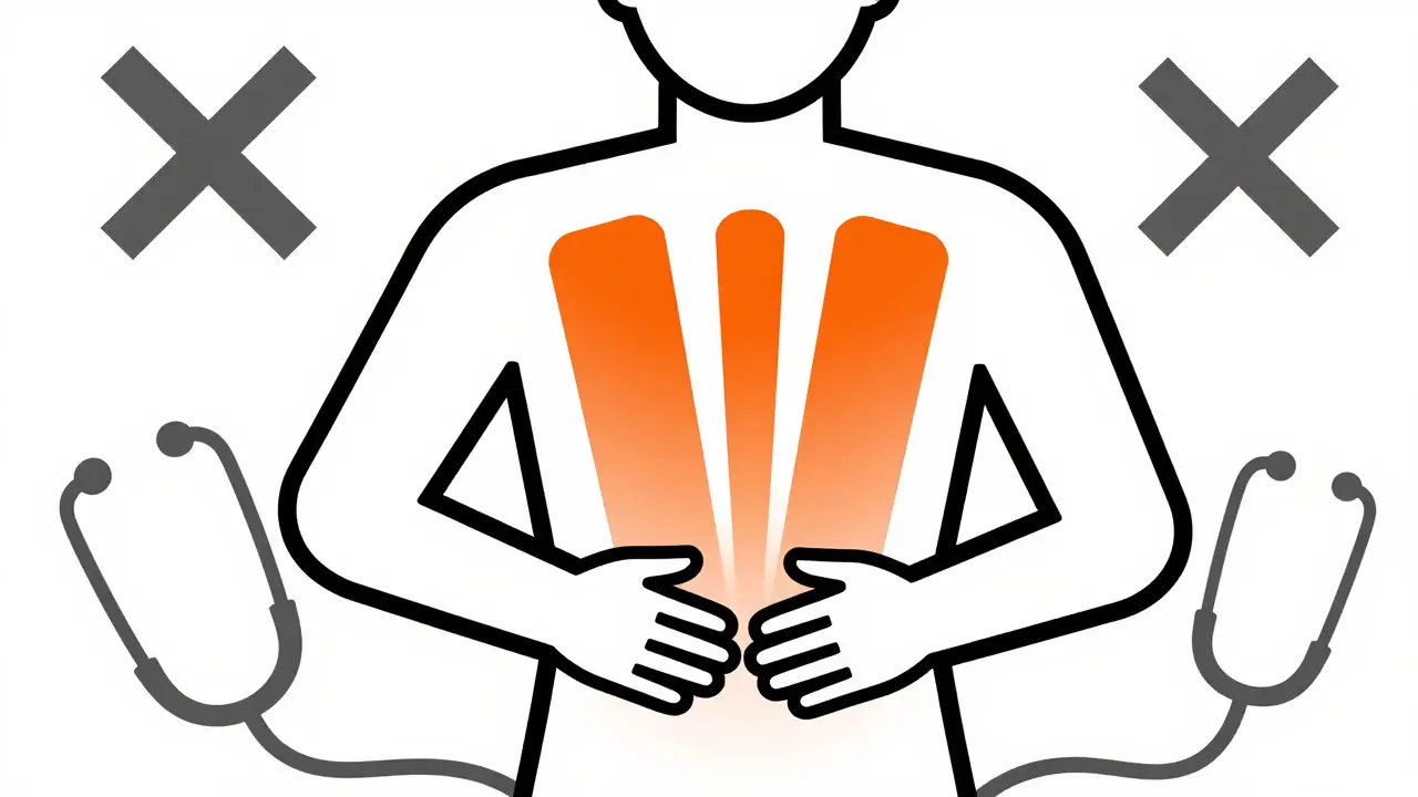 Stylized figure holding stomach showing pain symptoms.