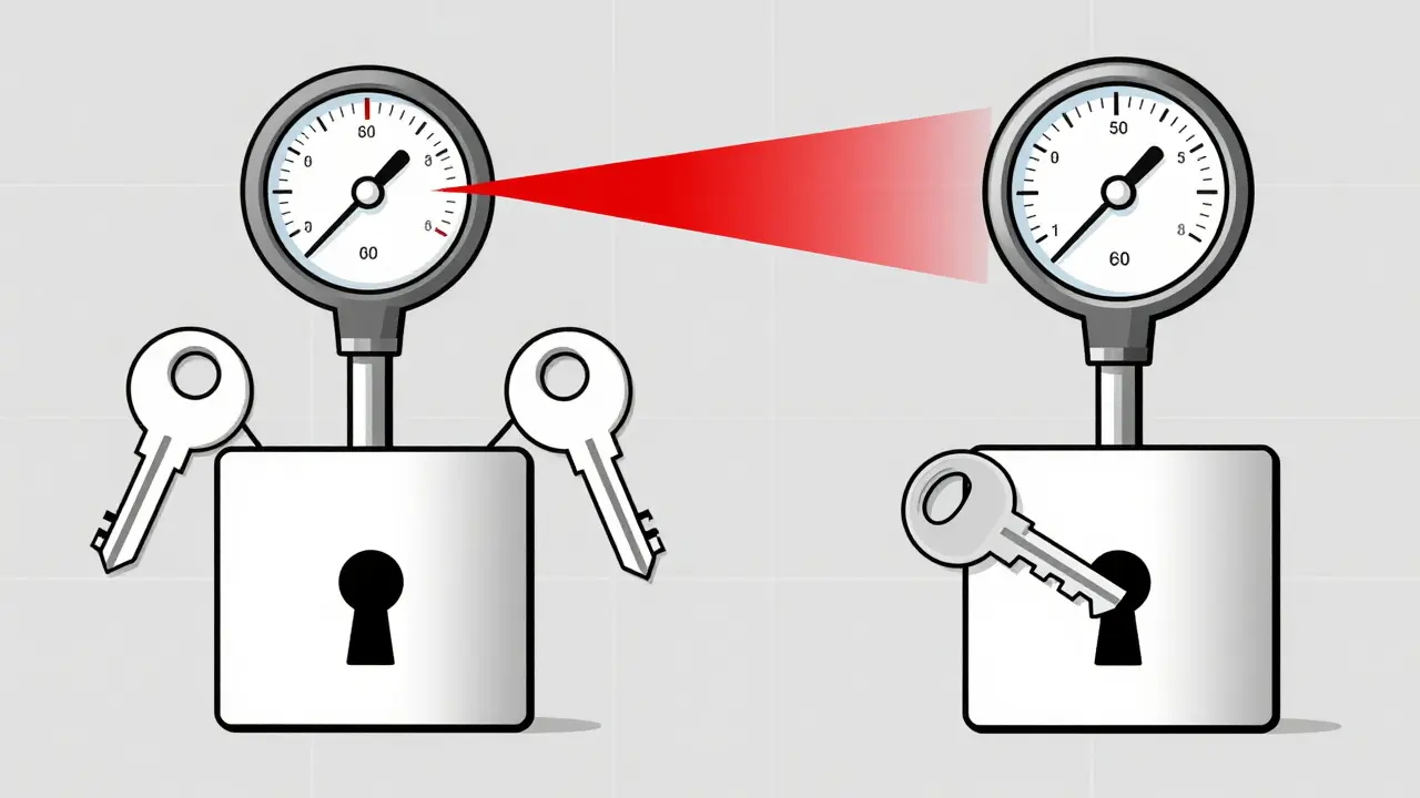 Two keys turning the same lock to drop blood pressure, and a master key blocking opioid receptors in minimalist Bauhaus style.