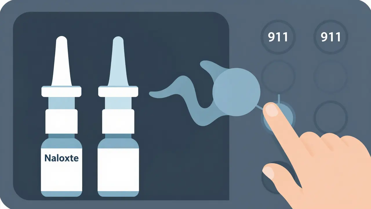 Two naloxone nasal sprays beside a hand dialing 911, with abstract shapes symbolizing breath and opioid receptors.