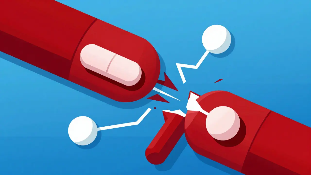 Abstract Bauhaus art showing a pill breaking apart into geometric shapes representing heat and moisture.
