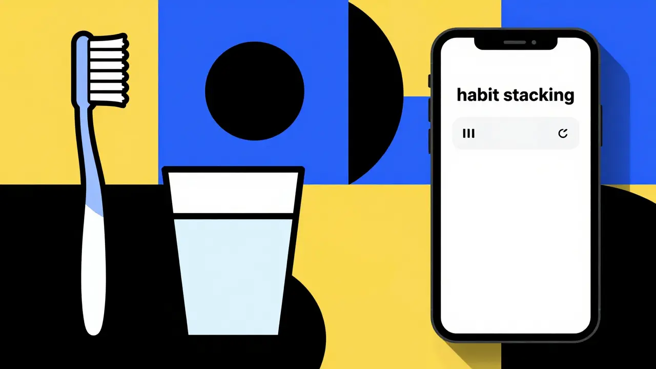 Abstract Bauhaus illustration of a toothbrush and a smartphone alarm for habit stacking