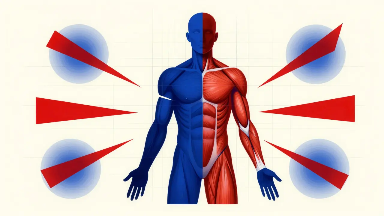 Abstract Bauhaus illustration showing inflammation and oxygen loss affecting a human silhouette